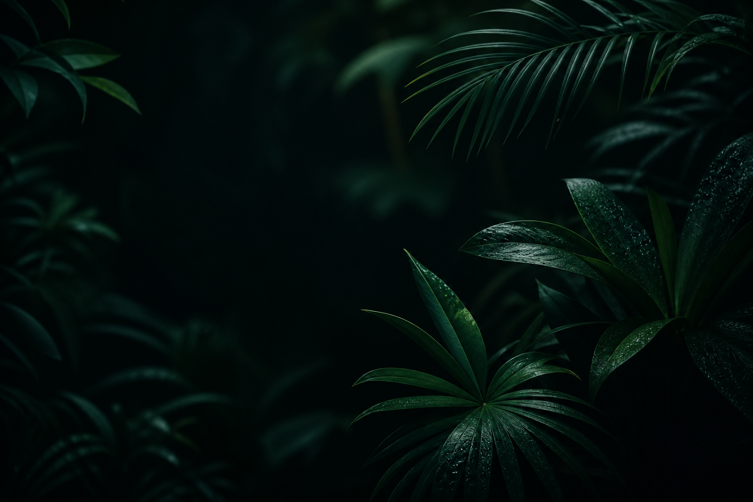 Cena botânica noturna com folhas profundas, luz suave e atmosfera serena